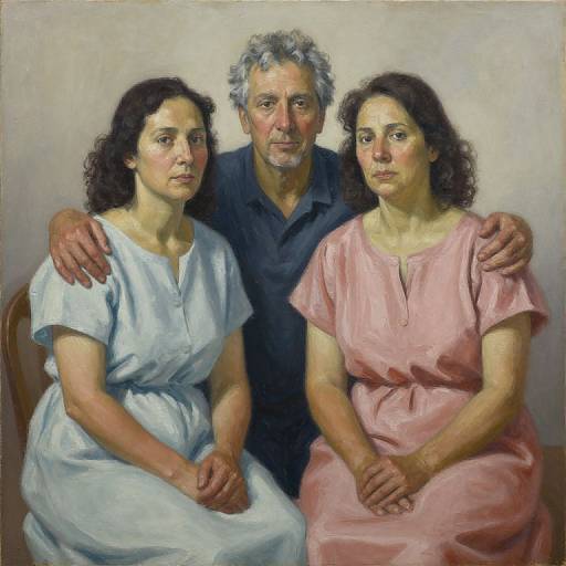Photorealistic painting of an older man with gray hair, in a dark shirt, sitting between two women in white and pink dresses, hands on their