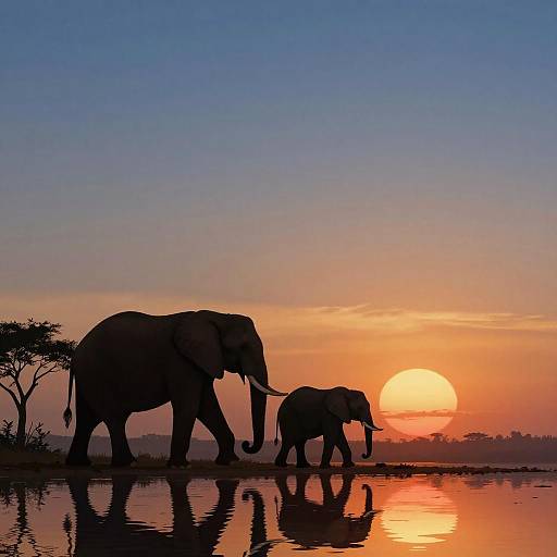 Serene Sunset with Elephants Reflection