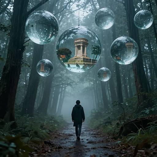 Photorealistic digital art: Mysterious forest path with a lone figure walking, surrounded by glowing, transparent spheres reflecting a miniature, ancient temple. Mist
