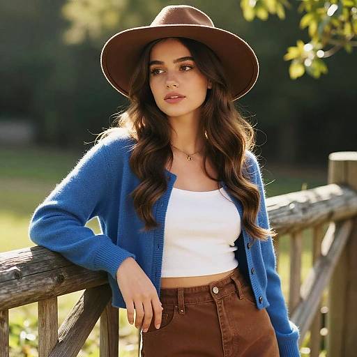 Photograph of a young woman with long brown hair, wearing a brown hat, blue cardigan, white crop top, and brown pants, leaning on