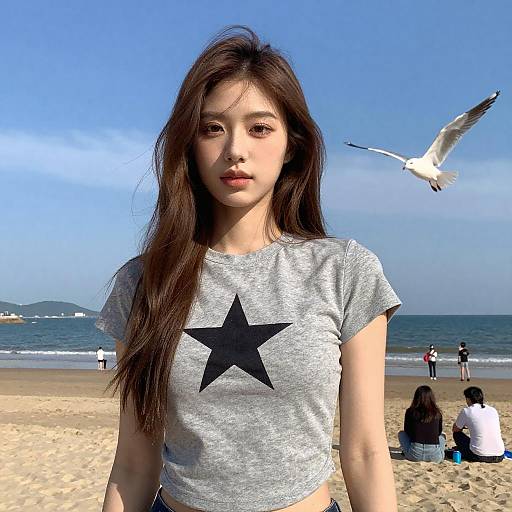 Young Woman on Beach with Seagull