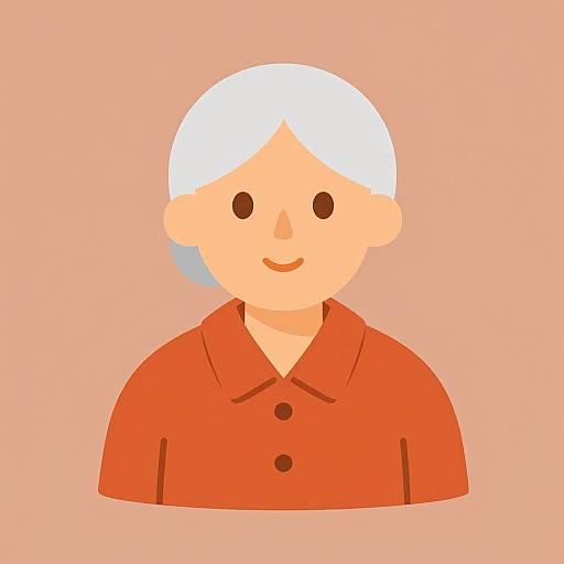 Digital illustration of a smiling elderly person with white hair, wearing an orange button-up shirt, set against a peach background.