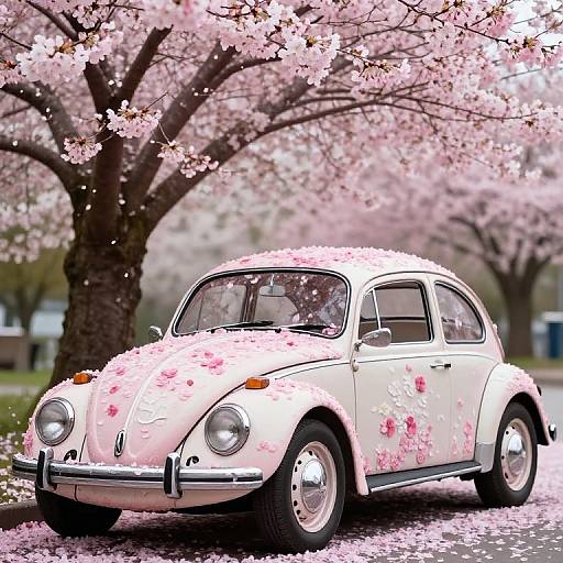 Volkswagen Beetle Adorned with Cherry Blossoms