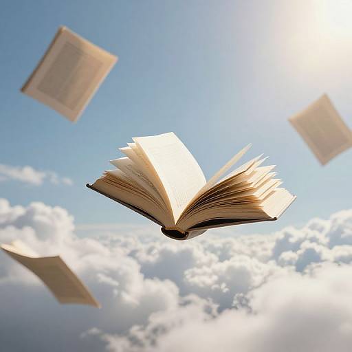 Photograph of an open book flying upward in a bright blue sky with scattered clouds, surrounded by three more floating books.