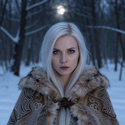 Photograph of a pale-skinned woman with long white hair, blue eyes, and fur-trimmed patterned cloak, standing in a snowy,