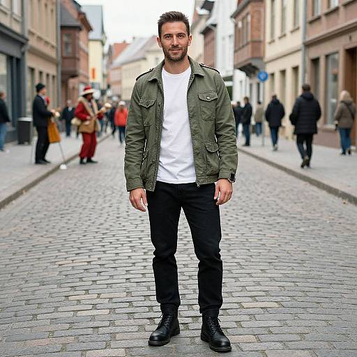 Photograph of a bearded man with short brown hair, wearing an olive green jacket, white shirt, black pants, and boots, standing on a