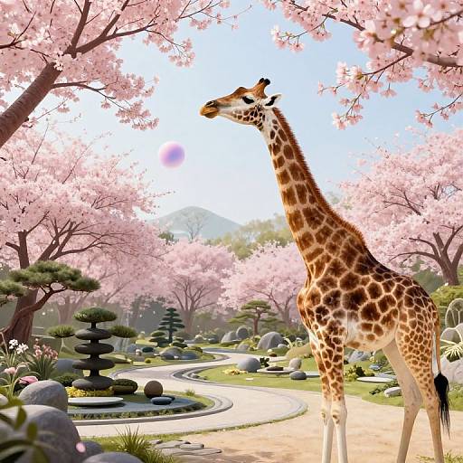Digital artwork of a tall giraffe standing on a winding path in a cherry blossom garden with pink trees, rocks, and traditional Japanese shrubs.