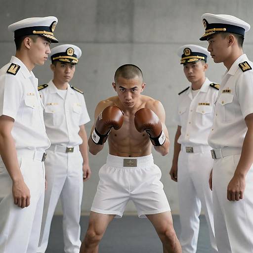 Intense Boxer Confronts Naval Officers