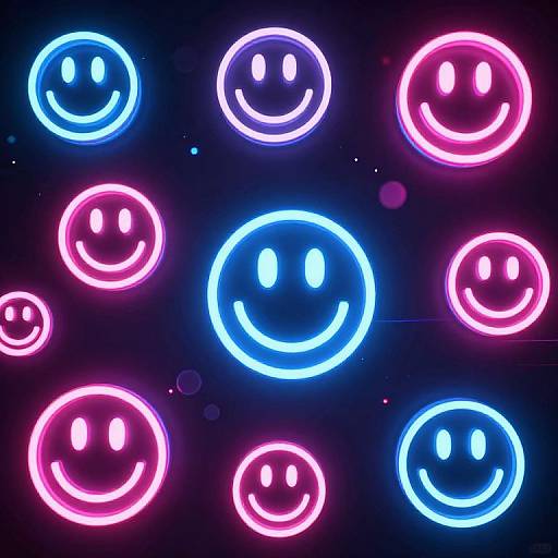 Neon digital art of nine glowing smiley faces, alternating blue and pink, against a dark background with star-like dots.