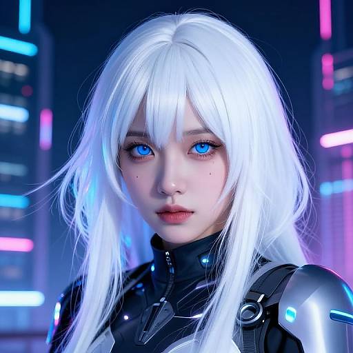 CGI portrait of a young woman with white hair, blue eyes, cyberpunk attire, and glowing neon cityscape background. Hyper-realistic, futuristic