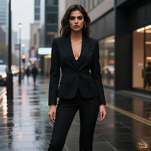 Woman in Sleek Black Suit Urban