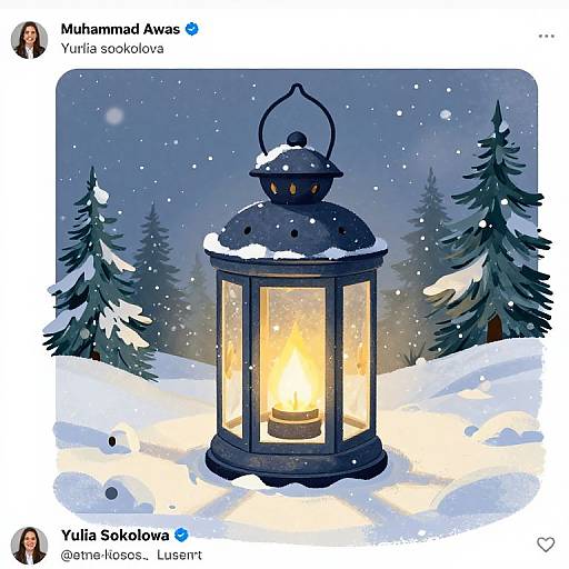 Digital drawing of a snow-covered night scene with a glowing black lantern centered among snow-laden pine trees, tweeted by Yulia Sokolova.