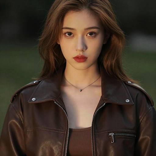 Photograph of a young woman with fair skin, brown hair, and red lips, wearing a black leather jacket and necklace, against a blurred green background