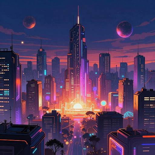 Neon-lit futuristic cityscape at sunset with towering skyscrapers, glowing lights, and two purple planets in a dark blue sky. Digital art