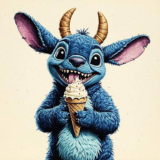 Anthropomorphic Blue Creature Eating Ice Cream