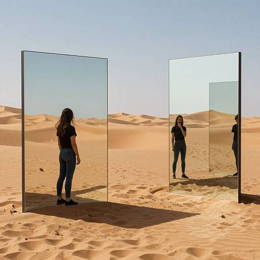 Photograph of a woman with long brown hair, wearing a black top and blue jeans, standing in a desert, reflected in two mirrored glass panels against