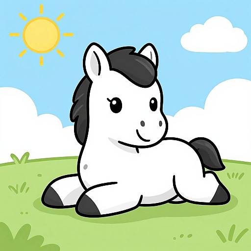 Cartoon-style drawing of a cute, white and black pony with a black mane and tail, lying in a green grassy field under a bright yellow