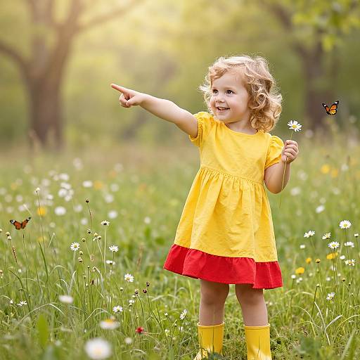 Photograph of a curly-haired, smiling toddler in a yellow dress with red skirt, pointing at a butterfly in a sunlit, flower-filled meadow