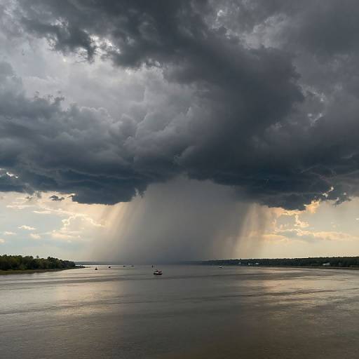 Photograph of a dramatic stormy sky with dark clouds, sunlight breaking through, and rain showers over a calm, reflective body of water.