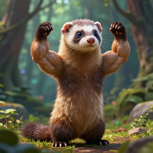 CGI image of a muscular ferret with flexed arms standing in a sunlit forest, displaying impressive biceps and determined expression.
