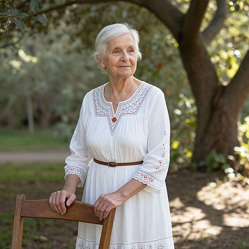 Elderly Woman in White Dress Outdoors