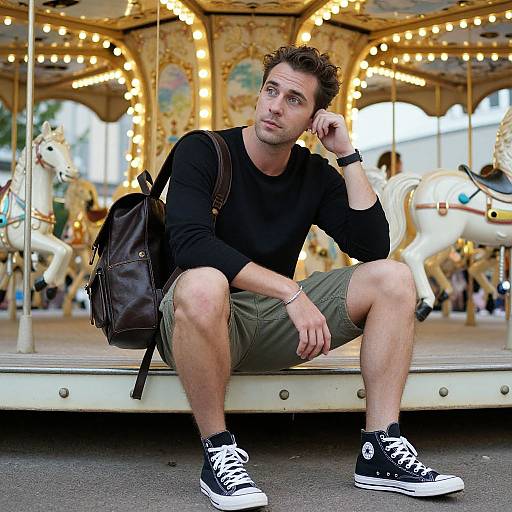Photograph of a young man with curly brown hair, wearing a black long-sleeve shirt, olive-green shorts, and black-and-white sneakers,