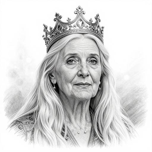 Black-and-white digital drawing of an elderly woman with long white hair, wearing an ornate crown, looking upward with a gentle expression.