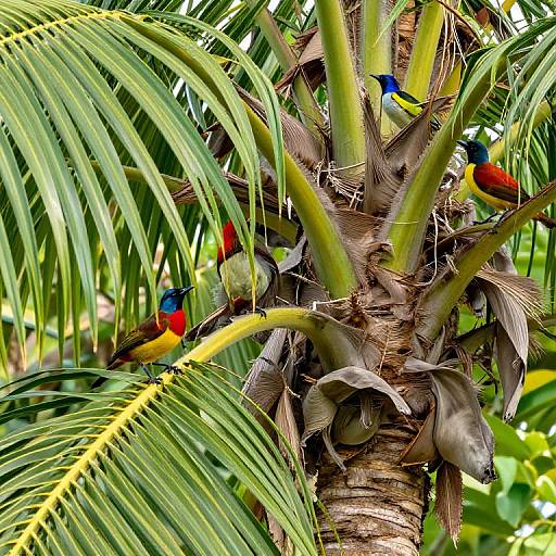 Tropical Palm Tree with Colorful Birds
