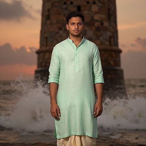 Photograph of a South Asian man in a mint green kurta standing in front of a stone tower at sunset, waves crashing behind him.