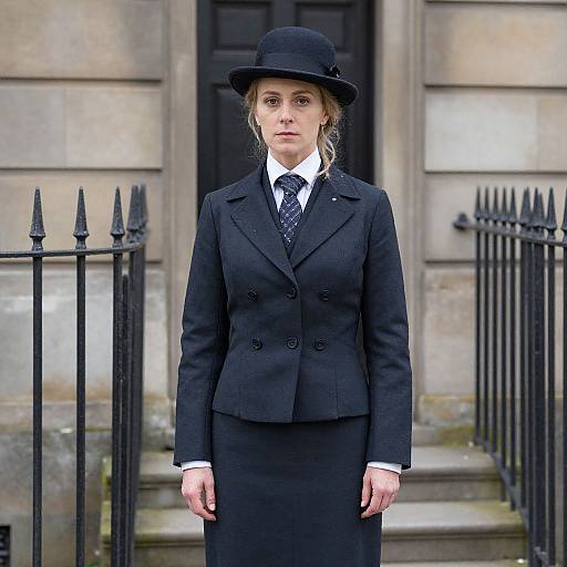 Photograph of a serious-looking woman in a black double-breasted suit, white shirt, black tie, and black hat, standing in front of a
