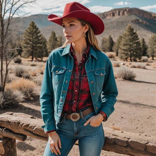 Woman in Cowgirl Outfit with Red Cowboy Hat