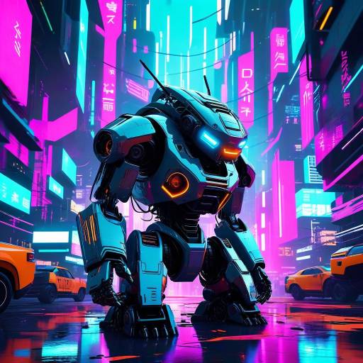Futuristic Robot in Cyberpunk Cityscape