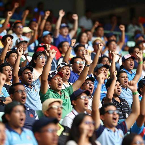 Photograph of a diverse crowd of excited Asian fans in a stadium, raising their hands and cheering with varied expressions and colorful clothing.