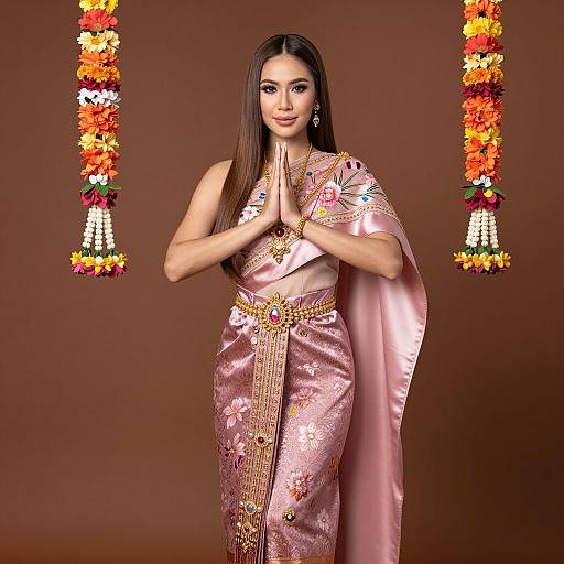 Elegant Thai Woman in Traditional Silk Dress