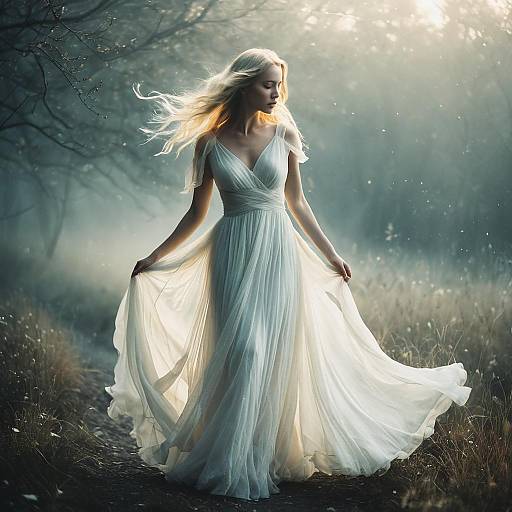 Ethereal Woman in Flowing White Dress in Misty Forest