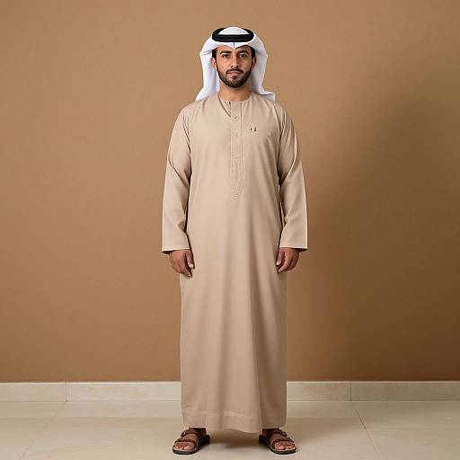 Photograph of a Middle Eastern man with a white and black keffiyeh, beige traditional thobe, and sandals, standing against a beige background