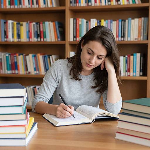 Photograph of a brunette woman in a gray sweater, writing in an open book at a wooden table, surrounded by stacked books and a wooden bookshelf