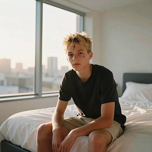 Photograph of a young man with spiky blonde hair, wearing a black t-shirt and beige shorts, sitting on a sunlit bed in a modern