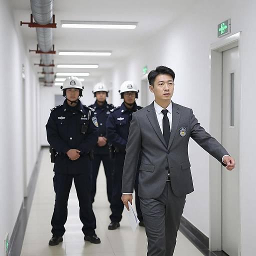 Scene in a Fluorescent Hallway with Police