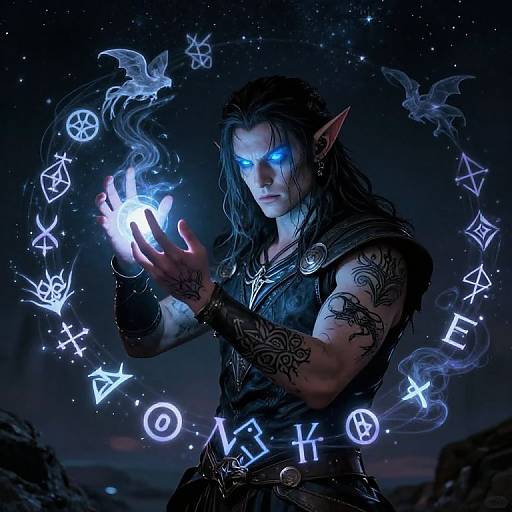Digital artwork of a blue-eyed, tattooed, dark-haired elven sorcerer casting magic, surrounded by glowing runes and symbols in a starry night