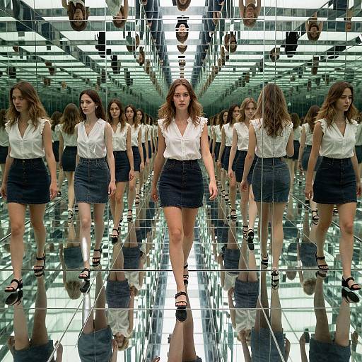 Photograph of a young woman in a white blouse and black skirt, walking down a mirrored hallway with multiple reflections of herself, creating a surreal, infinite