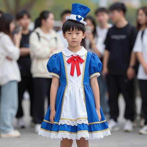 Photograph of an Asian boy in a blue and white Alice in Wonderland-style dress with red bow, small blue top hat, standing in front of a