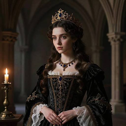 Photorealistic digital portrait of a young, fair-skinned woman with dark curls, wearing a gold crown, black lace gown, and necklace, standing