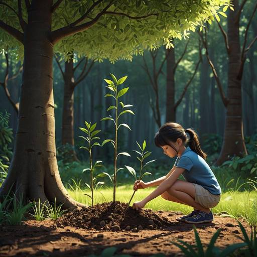 Young Girl Planting Tree in Forest