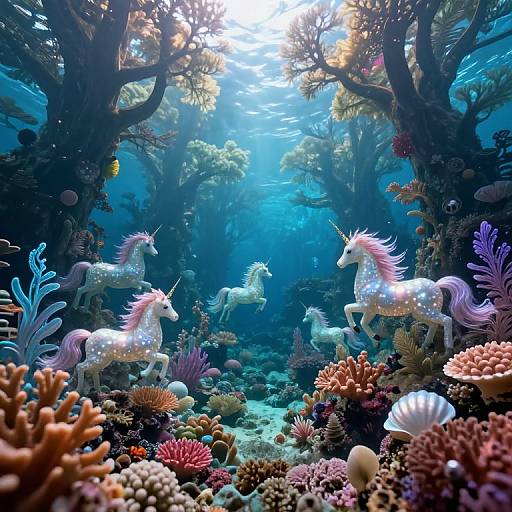 Digital art of an underwater forest with sparkling white unicorns, surrounded by colorful coral, sea anemones, and sunlight filtering through.