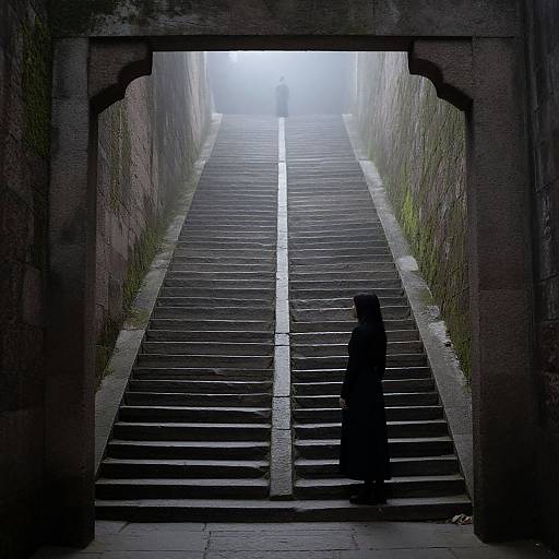 Mysterious silhouette of a hooded figure on dark, mossy stone stairs leading to a foggy, bright exit under an archway.