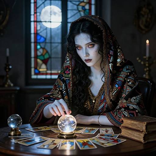 Mysterious woman with pale skin and black, patterned veil, illuminated by a crystal ball, plays tarot cards in a dimly lit, medieval