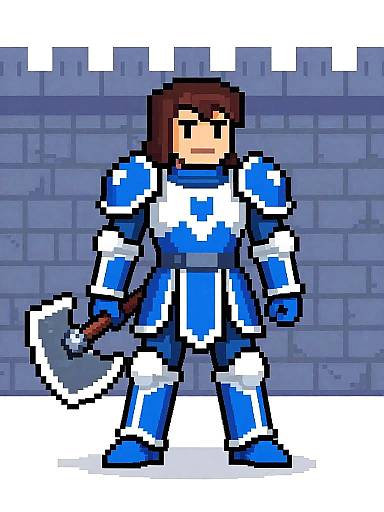 Pixel art of a brown-haired male warrior in blue and white armor, holding a double-headed axe, standing before a gray brick wall.