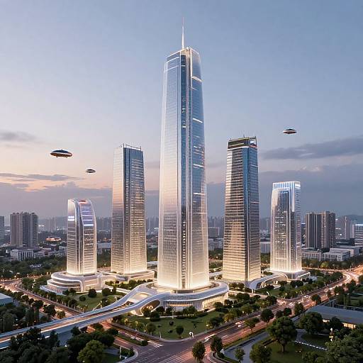 Photorealistic CGI of a modern city skyline at dusk featuring five illuminated, sleek skyscrapers with glowing blue accents, surrounded by green parks and busy