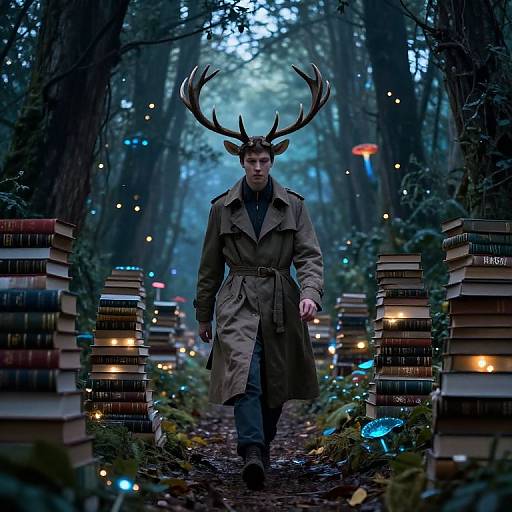 Antlered Figure in Mystical Book Forest